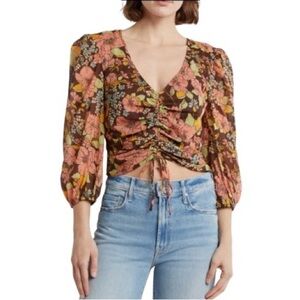 MOTHER Floral Ruched Three Quarter Sleeve Top Boutonnière Bouquet NWT M L